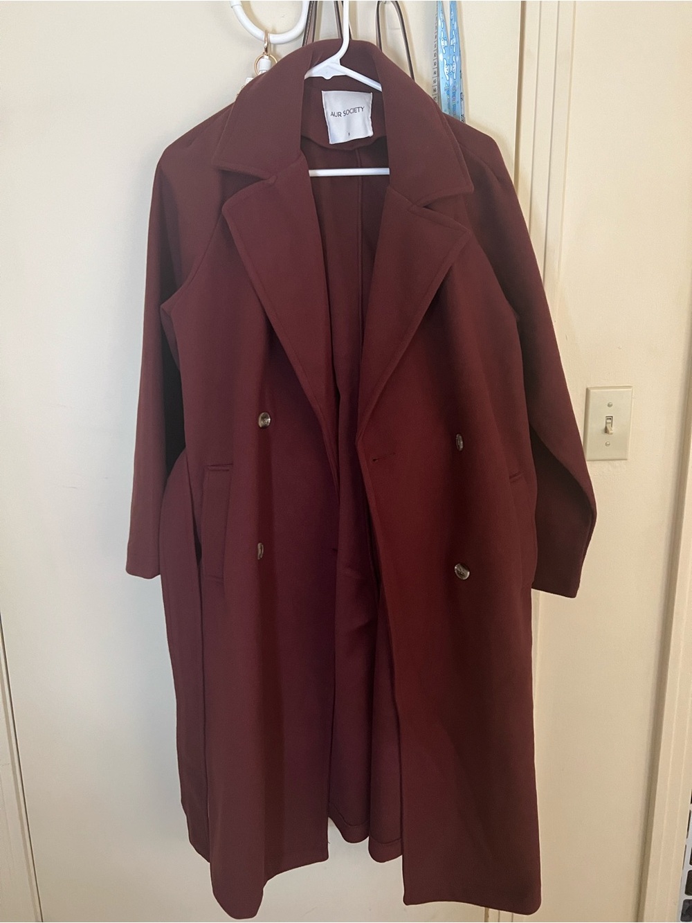 Aur Society Women's Burgundy Double-Breasted Coat